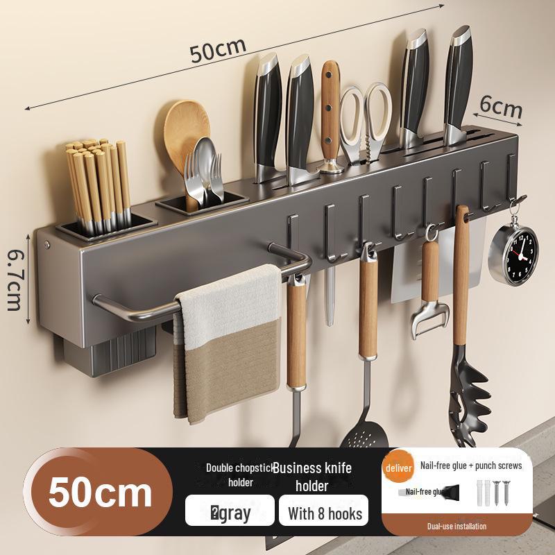 Wall-Mounted Multifunctional Kitchen Knife & Chopstick Rack – Punch-Free Installation