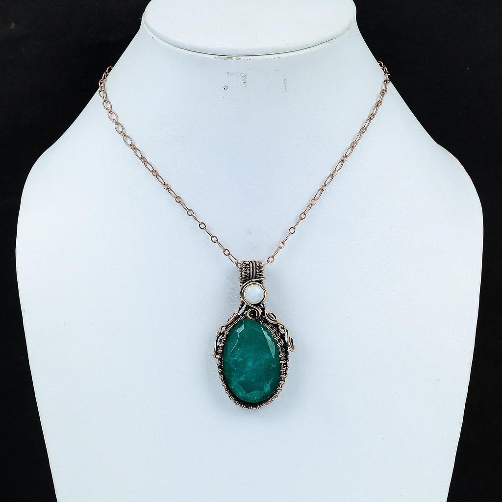 Emerald Lab-Created & Moonstone Gemstone Handmade Pure Copper Wire Wrap Jewelry Pendant For Women