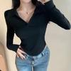 Damski top koreański z długim rękawem, dopasowany, z dekoltem w serek – słodki i pikantny modny styl