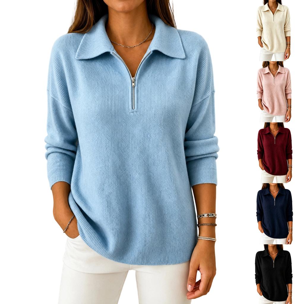 Women's Half-Zip Sweater with Turn-Down Collar Loose Fit for Fall Winter Casual Wear