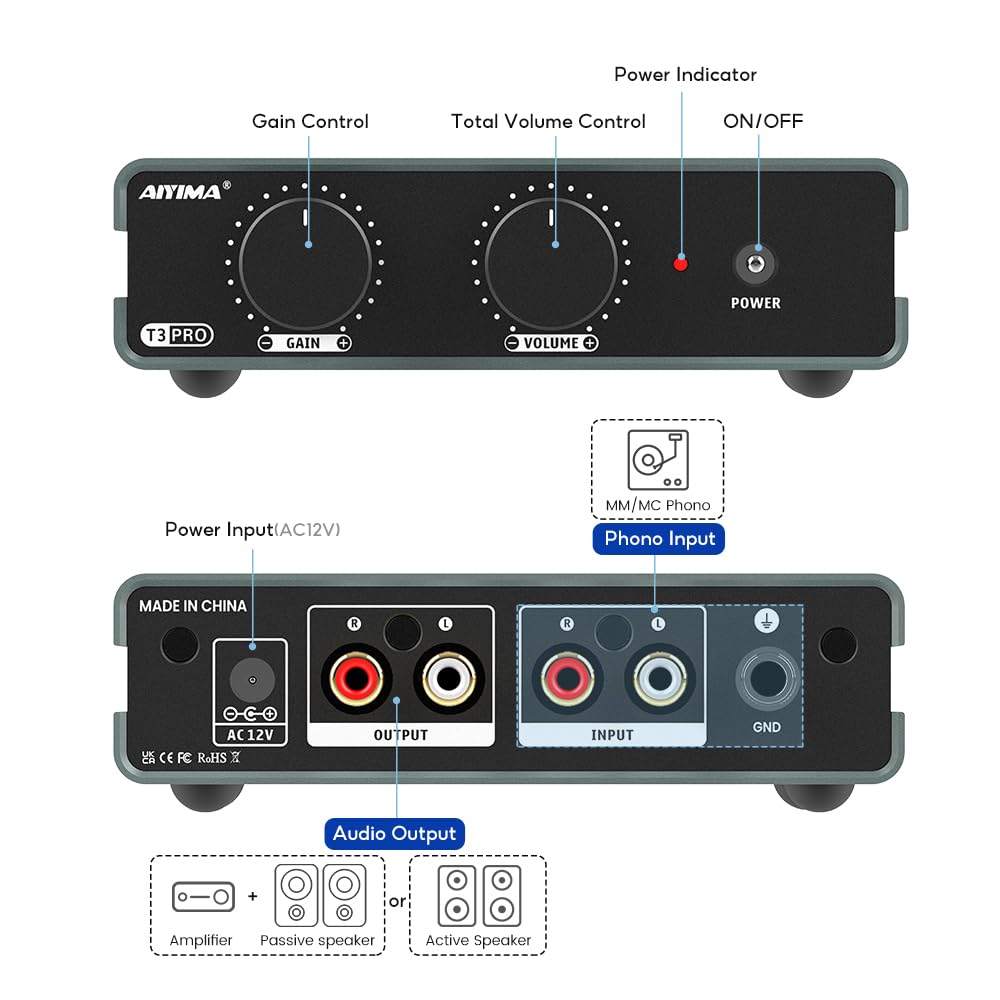 AIYIMA T3 PRO RIAA Phono Preamplifier for HiFi Professional Phono Graph Preamplifier with 39dB Volume and AC Power MM/MC Turntables/Record
