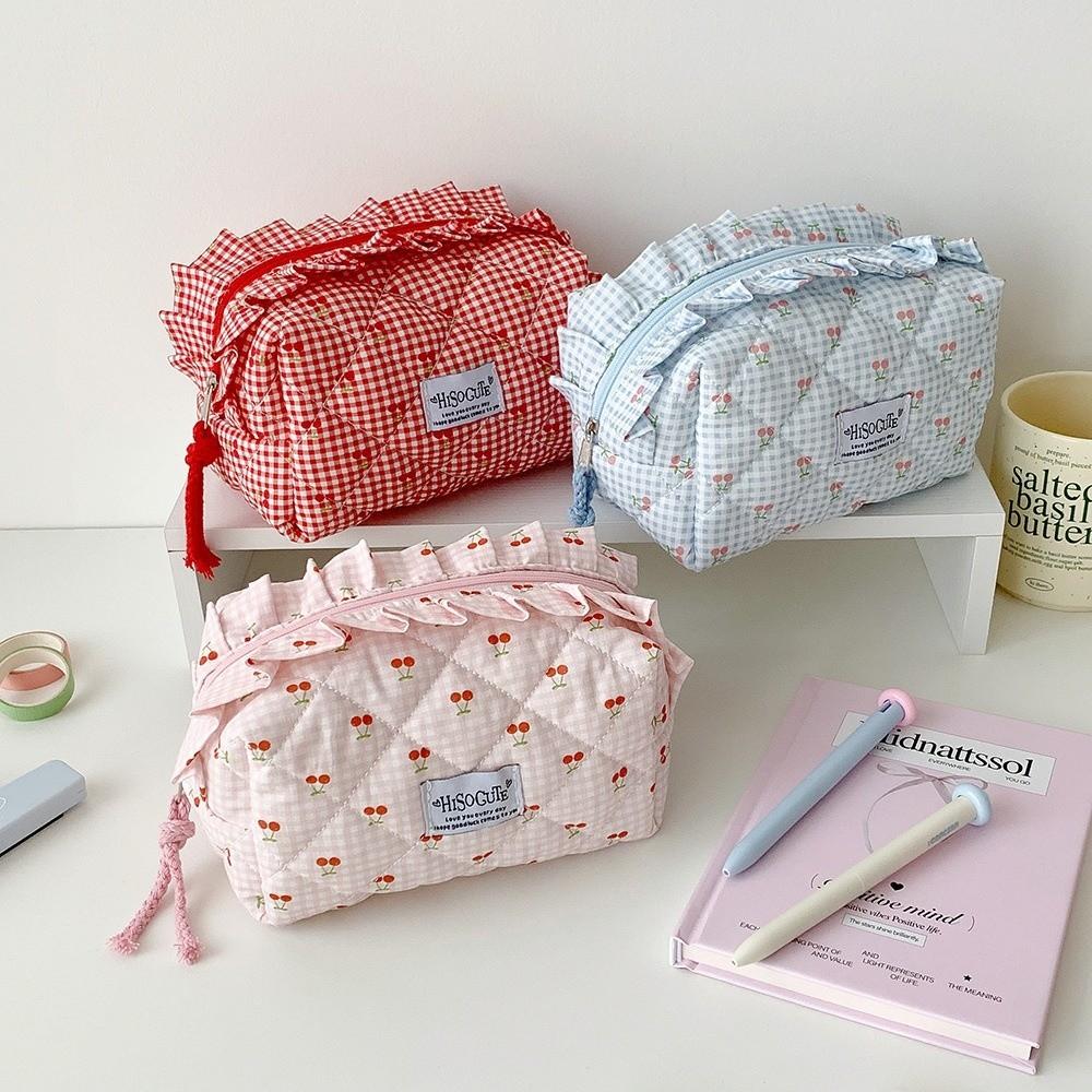 Large Capacity Fruit Cherry Pencil Bag Single Layer Cloth Plaid Pen Bag  Birthday Gift