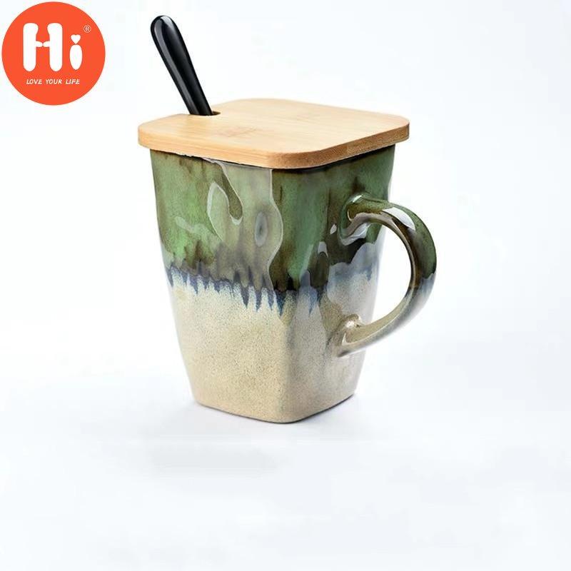 Creative Flow Glaze Square Coffee Mug With Spoon and Lid Retro Tea Cup Simple Household Matte Color Ceramic Milk Water Cup Gift