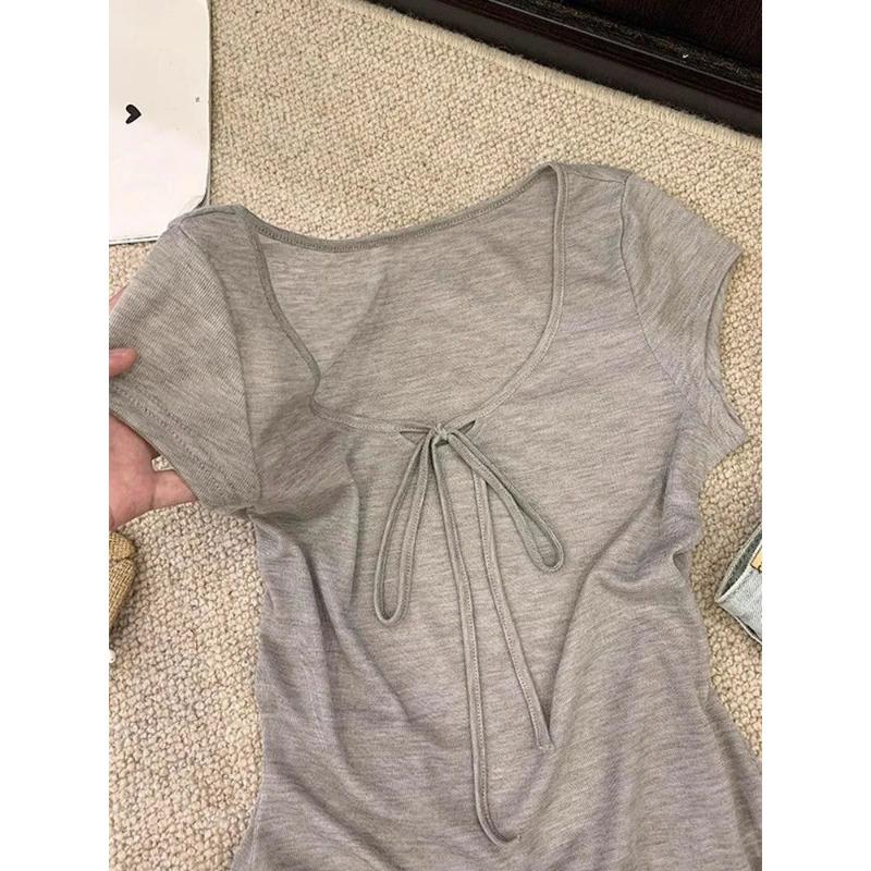 Women's Grey Ribbed Knit Top Short Sleeve Casual Slim Fit Tie Front Blouse