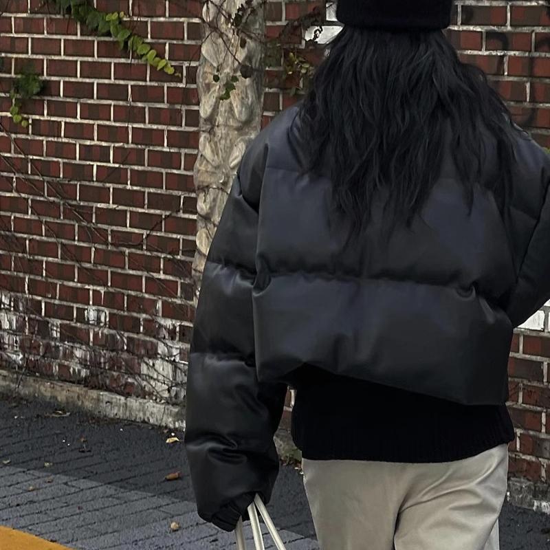 European and American Short Cotton-padded Coat Women's 2025 Winter Loose Slimming Thickened PU Leather Bread Coat