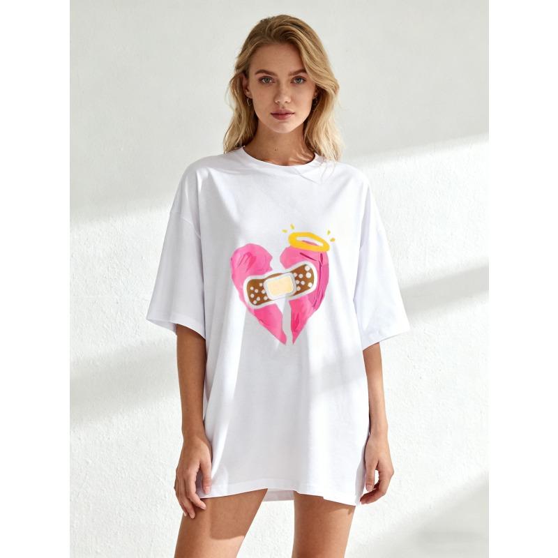 

Oversized T Shirt Black Broken Heart With Bandage And Halo Print Casual Wear For Women XXXXL