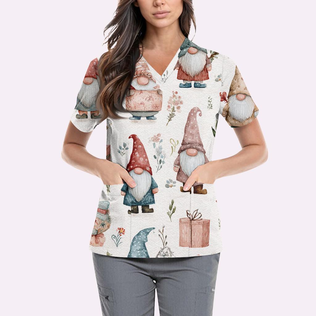 Women's Cute Printed Work Clothes V-neck Double Layer Pockets Basic Short Sleeve Top Pullover Valentines