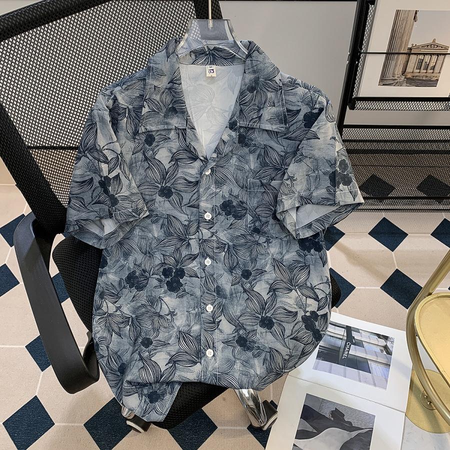 Summer Island Vacation Style Ice Silk Short Sleeve Floral Shirt Men's Hawaiian Cuban Collar Shirt Cool Fashion for Men