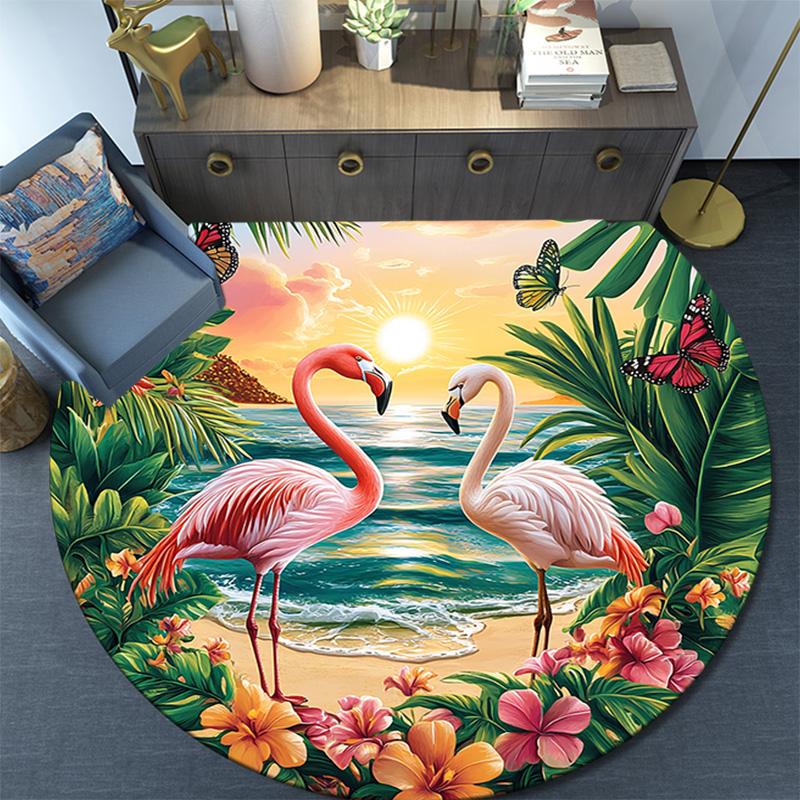 Flamingos Sunset Beach Round Area Rug,Carpet Rug for Living Room Bedroom Sofa Playroom Decor,Non-slip Floor Mat