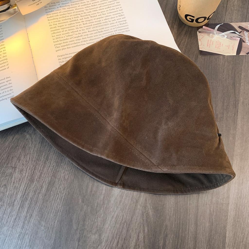Suede Fisherman Hat Women's Maillard Retro Face Enhancing Small Bucket Versatile Head Circumference Coffee Colored