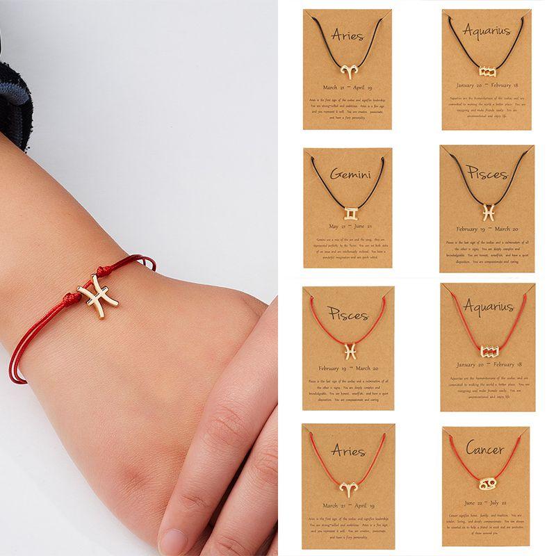 Elegant 12 Constellation Zodiac Sign Black Red Braided Rope Bracelet For Leo Virgo Jewelry