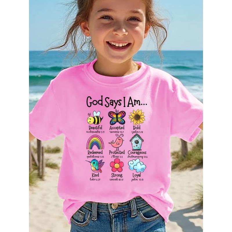 

European sizes Girls Summer Fashion Short Sleeve T-Shirt | Cartoon Print with Bees, Butterflies, Flowers, and Rainbows | Crew Neck 98cm розовый