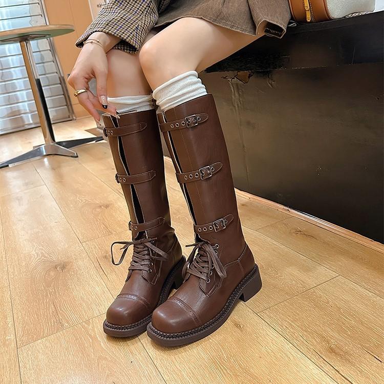 Grape mother same style miu series fashionable round head versatile belt buckle retro thick heel medium and high tube knight boots women's autumn and