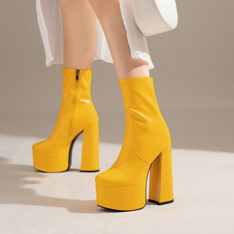 Women Ankle Boots Platform Square High Heel Ladies Short Boots