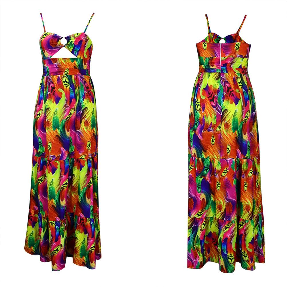Women's Sexy Spaghetti Strap Colorful Print Maxi Dress, Backless Cut Out High Waist Tiered Beach Vacation Evening Party Gown