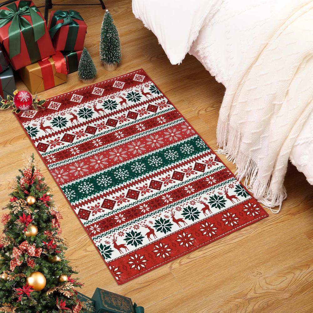 VIKAMA Christmas Entrance Rug Soft Bedroom & Kitchen Mat Geometric Non-Slip Front Door Doormat Christmas Home Decor