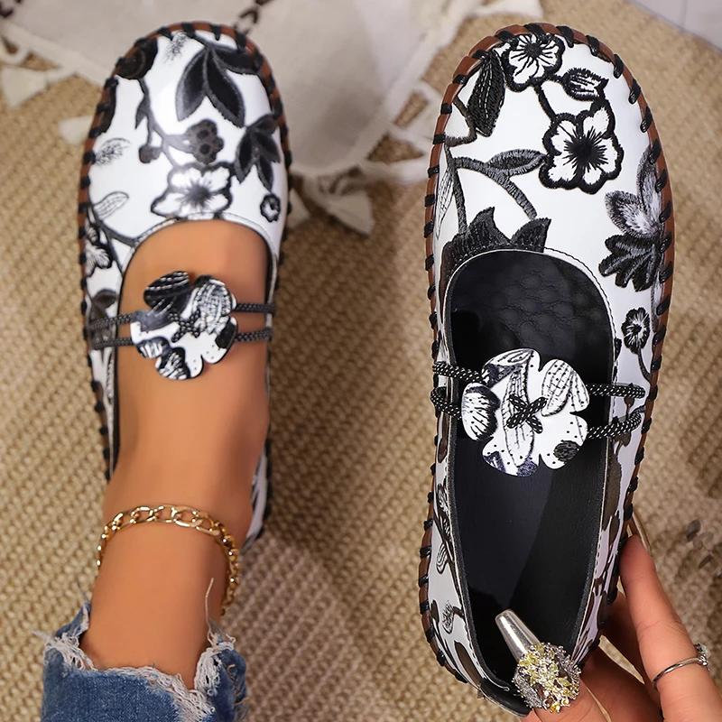 Fashion Floral Embroider Flats for Women Plus Size Print Pu Leather Platform Loafers Woman 2025 Summer Soft Sole Non Slip Casual Shoes