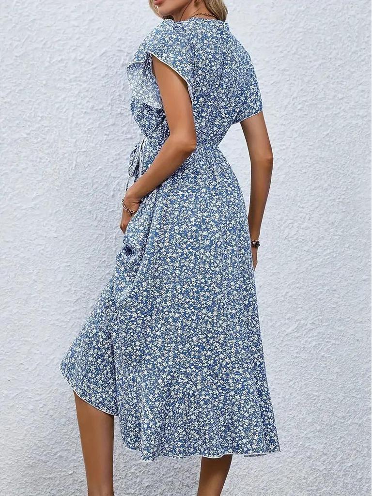 Bohemian V-Neck Belted Wrap Maxi Dress for Women