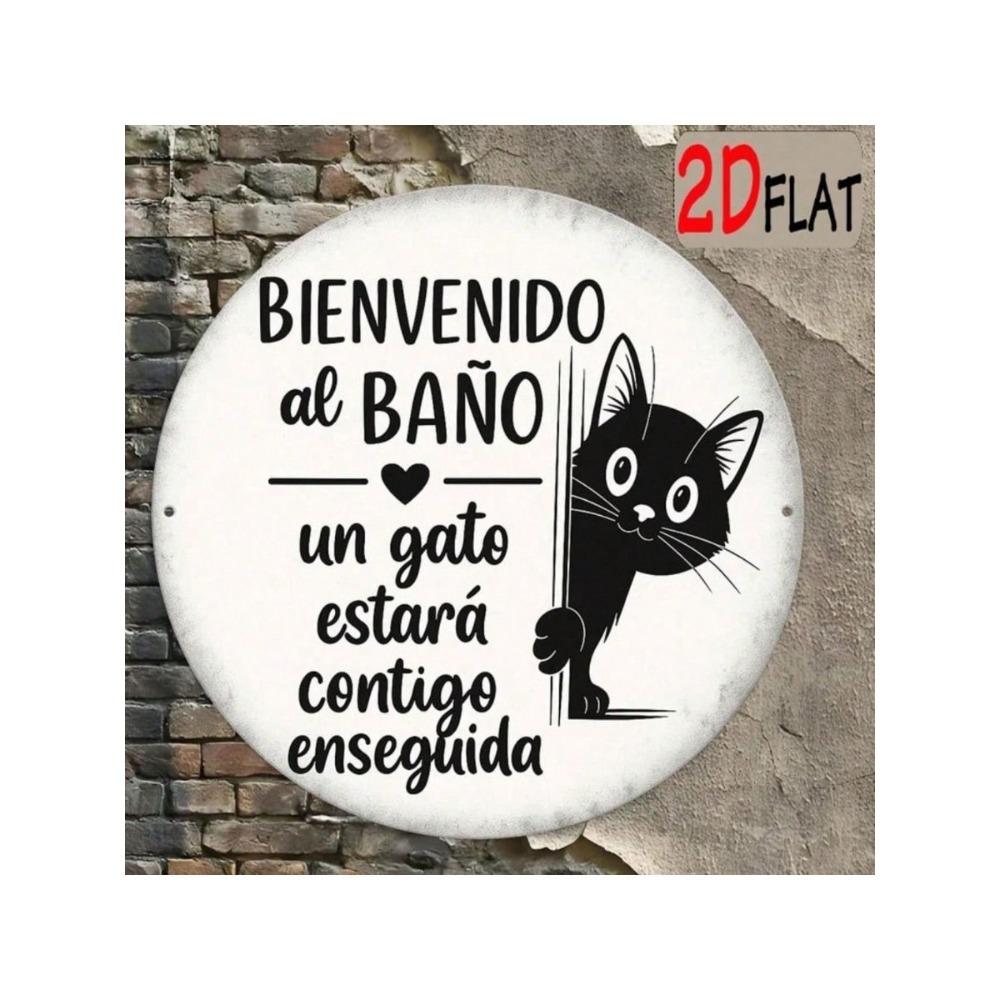 Round Black Cat Welcome Metal Wall Sign