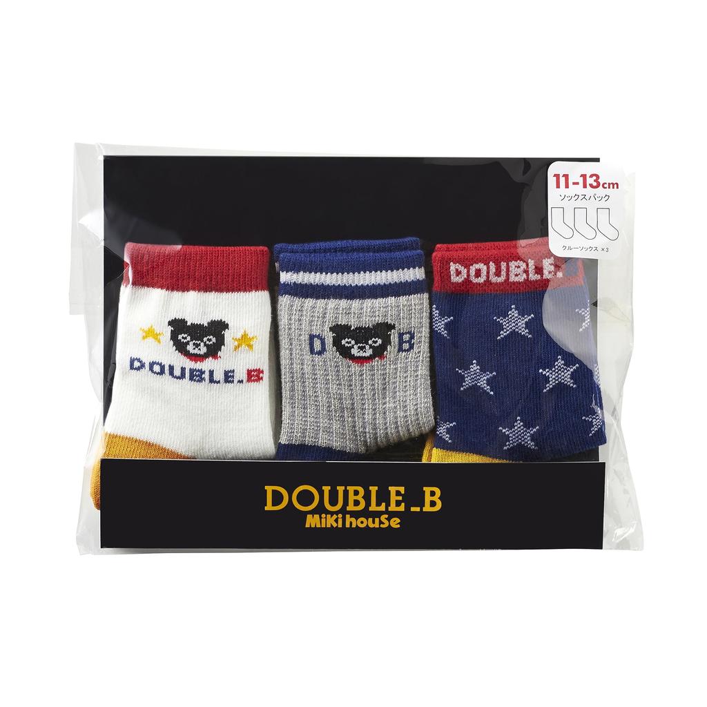MIKI HOUSE Double B Sock Pack, 3-Pair Crew Length Socks for Boys and Girls, Baby, Kids, School, Sizes 19-21cm, Multicolor, 64-9628-490