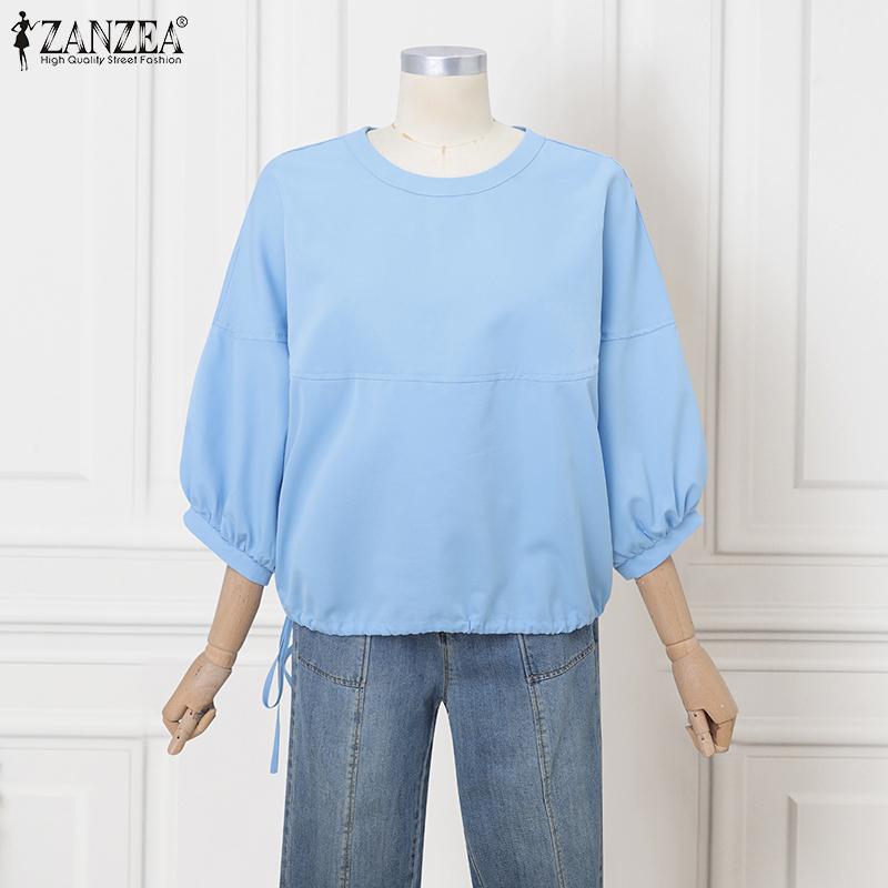 ZANZEA Women Casual Round Neck Solid Color Loose 3/4 Sleeve Blouse