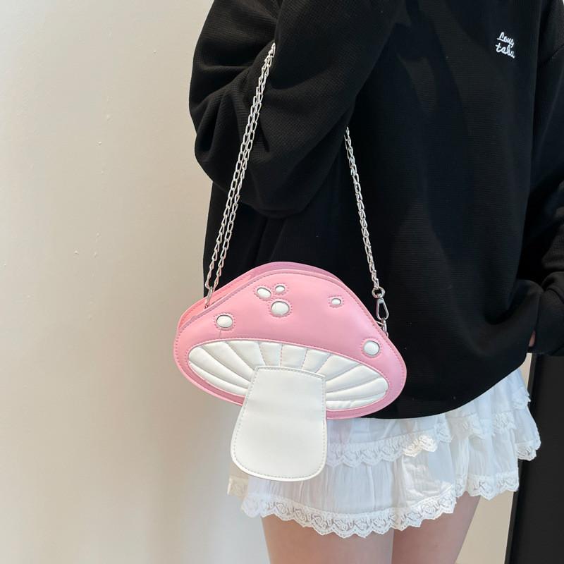 Cute Mushroom Design Soft Pu Round Bag With Chain Strap For Street Style Fashion
