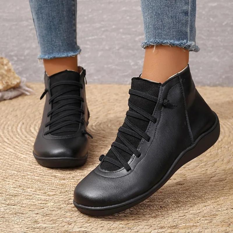 Fashion 2025 Women's Shoes Toe Side Zipper Shoe Lace Casual Low Heel Shoes Ankle Boots High Quality Luxury Designer Zapatos De Mujer
