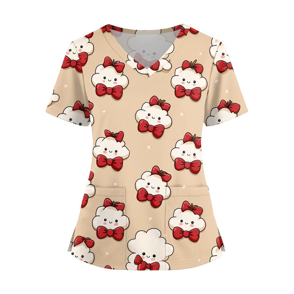 Women's Fashion V,Neck Short Sleeve Overalls With Pockets  Print Tops  Clothes