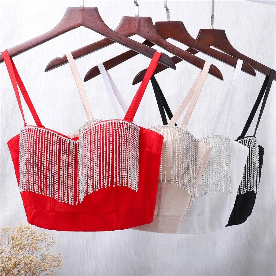 Crop Top yushutiff Tassel Kamínky Korzet Noční klub Party Push Up Podprsenka Oříznuté Bustier Tops Dámské Camis