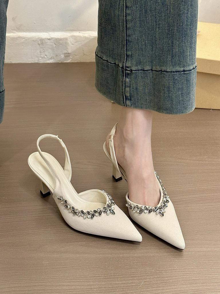 Violet Beauty! Temperament Pointed Rhinestone Bag Head Rear Empty Sandals Women's Spring Side Empty High-heeled Single Shoes