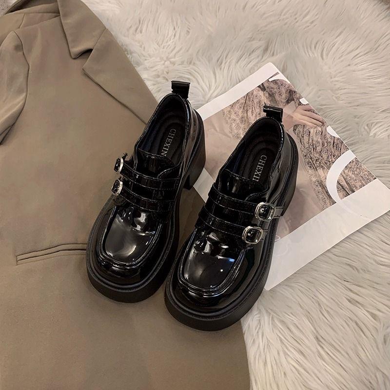 Platform popular loafers women's spring 2025 new super high heel belt buckle British style ins small leather shoes