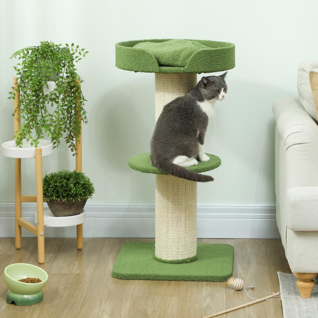 Cat Tree with Scratching Post, Activity Center, Platforms, Cushion, 45 x 45 x 91 cm, Green and Beige