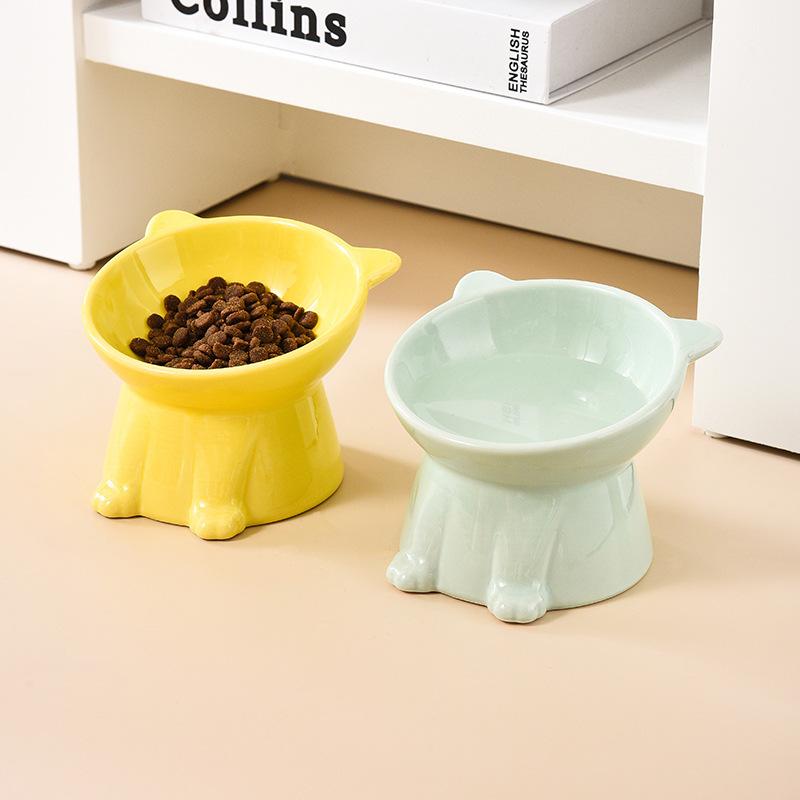 Ceramic Cat Bowl Anti Spill Elevated Cat Food Dish Slanted Design Neck Protection Pet Feeding Bowl