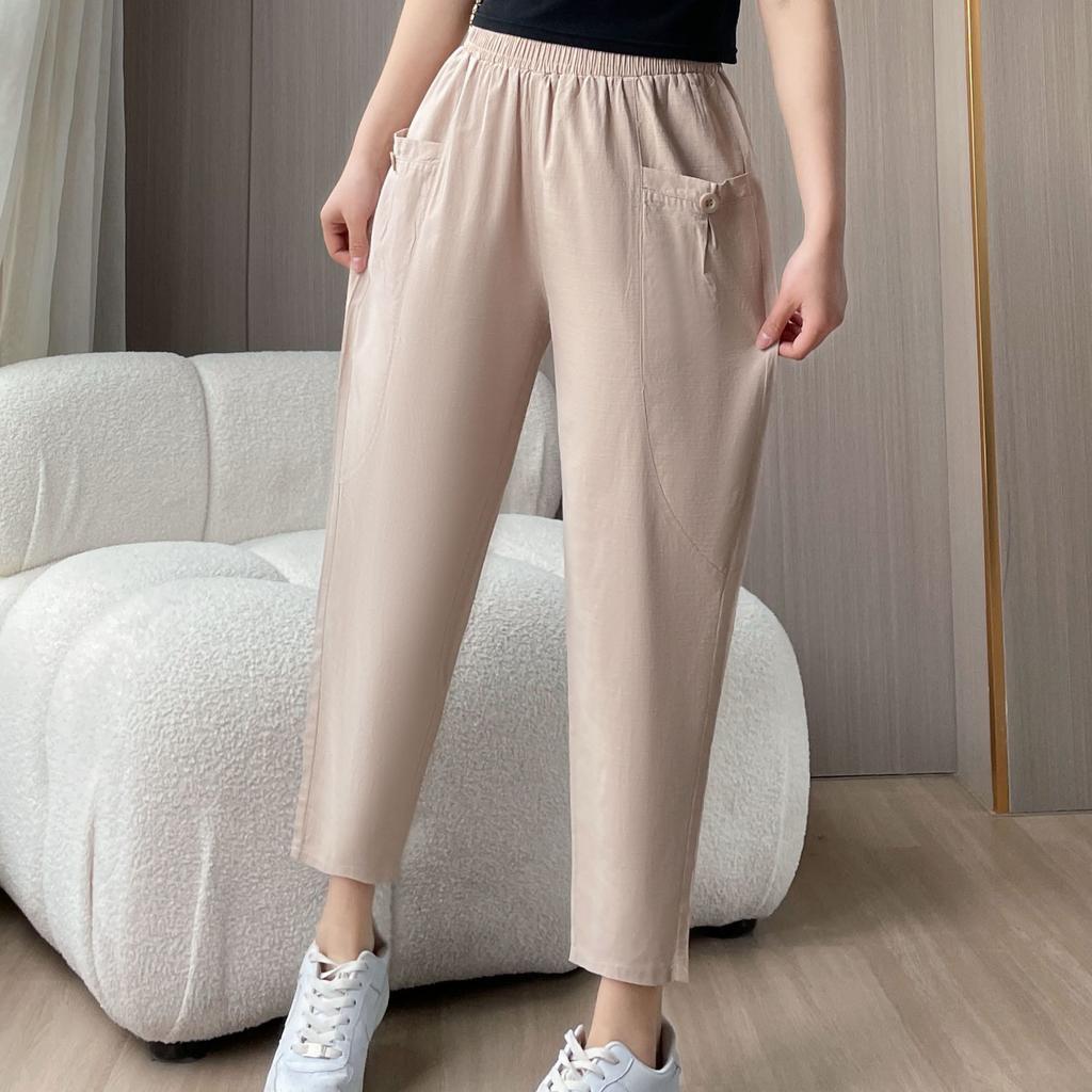 Casual Pants Summer Middle-aged Elderly New Thin Style High Waist Elastic Casual Nine-point Loose Mother Harun