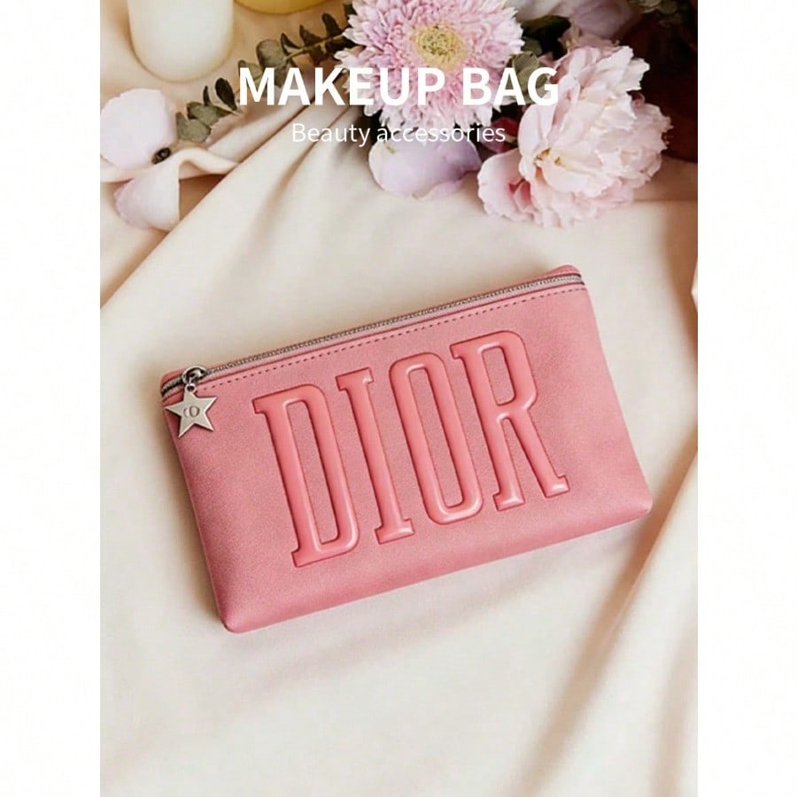 DIOR 1 Piece Pink Zipper Makeup Bag Embossed DIOR Letter Star Pendant Portable Cosmetic Pouch for Women Travel Daily Use