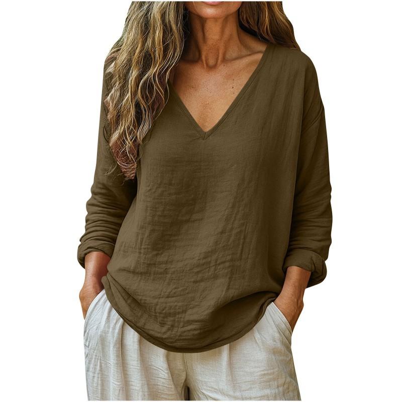 

European American Spring Summer New Women s Clothing Casual Loose Fashionable Linen Long-sleeved V-neck Top M коричневый