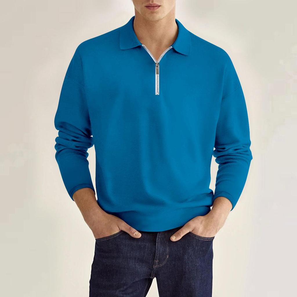 Fashion Men's Casual Polo Top Shirt Zip Solid Colour Men's Long Sleeve Sports Polo Shirt