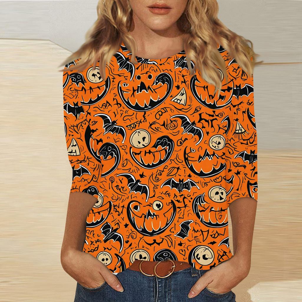 Women's Fashion Casual Three-quarter Sleeve Halloween Printed Round Neck Top