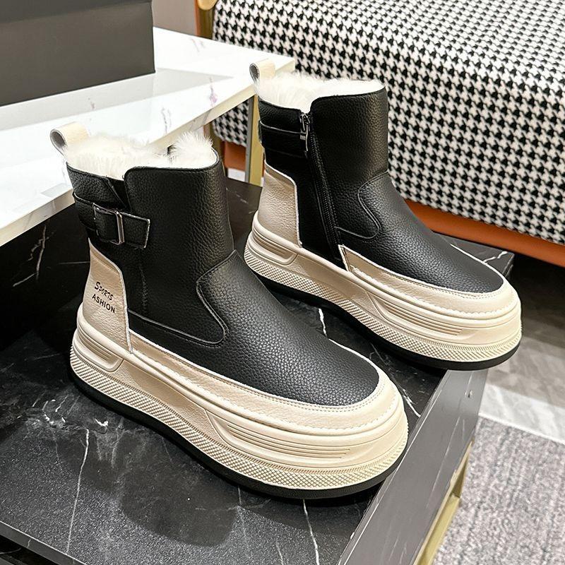 Women's Fur One Thick Bottom Heightening Winter Lightweight Padded Warm Snow Boots Non-slip Wear Leisure Sports Leather Waterproof Martin Cotton Boots