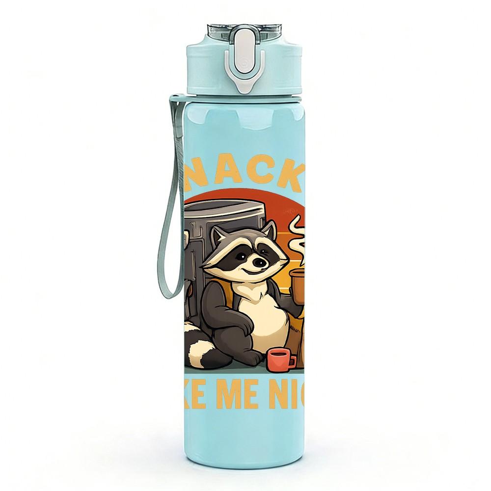 1PC Snacks Make Me Nicer Raccoon Print 750ml Color Plastic Sports Water Bottle Leakproof Flip Straw Lid Suitable for Sports Office Home Use