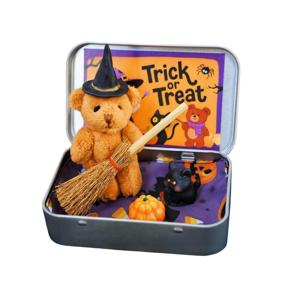 Halloween Bear In Box For Trick Or Treating With Witch Blanket Cloak Pumpkin And Cat
