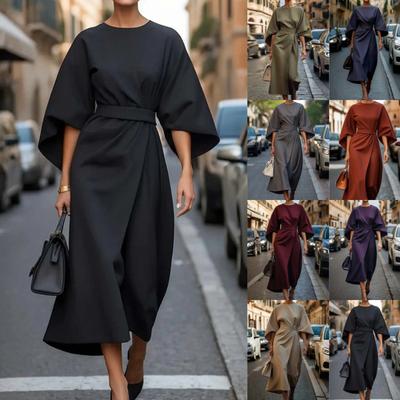 Dammode Enfärgad Temperament Elegant Midjerad Casual Sjuärmad Långklänning