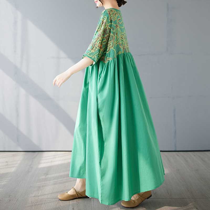 Cotton and Linen Summer Patchwork Retro Style Dress Long Skirt
