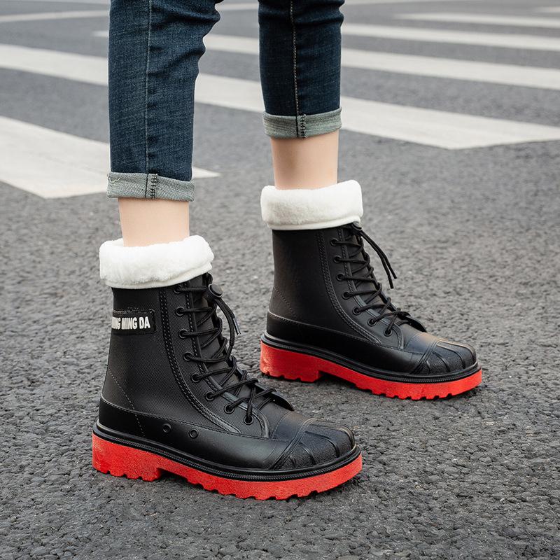 Rain Shoes Women's Middle Tube Fashion Outer Wear Platform Waterproof Shoes Non-slip Water Boots Velvet Kitchen Rubber Shoes Short Rain Boots