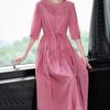 Women Round Collar Solid Color Dress Ladies Mid-length Waist Long Skirt Cotton A-Linen Dresses Women Clothing