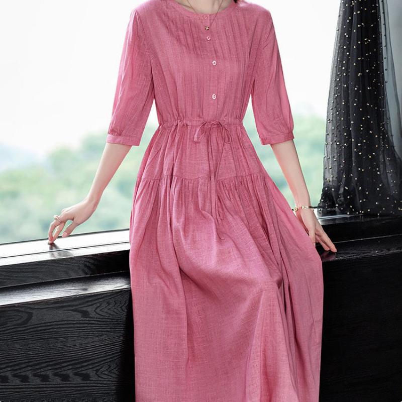 Women Round Collar Solid Color Dress Ladies Mid-length Waist Long Skirt Cotton A-Linen Dresses Women Clothing