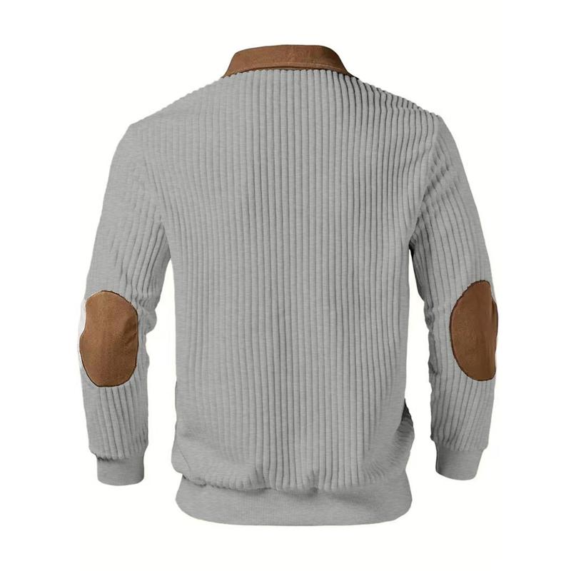 Men Quarter Zip Shirt Long Sleeve Turndown Collar Pullover Color Block Jacquard Sweatshirt with Elbow Patches for Daily Wear