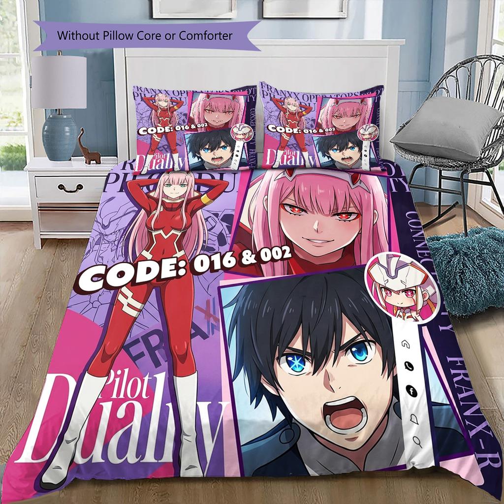 Franxx Pattern Bedding Quilt Set Quilt Cover Pillowcase Home Birthday Gift(1 * duvet cover + 2 * pillowcase, without core)