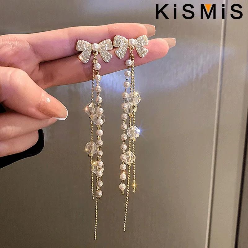 Lange Quasten-Perlenohrringe mit Schleifenknoten-Kristall-Goldanhänger für Damen Modeschmuck Lässiger Stil