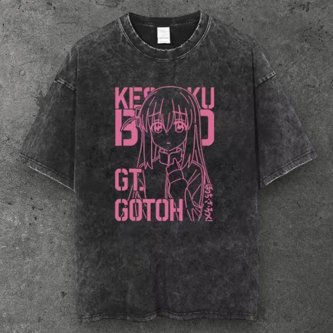 Unisex Anime Girl Oversized T Shirt Washed Black Y2K Streetwear S-3XL S